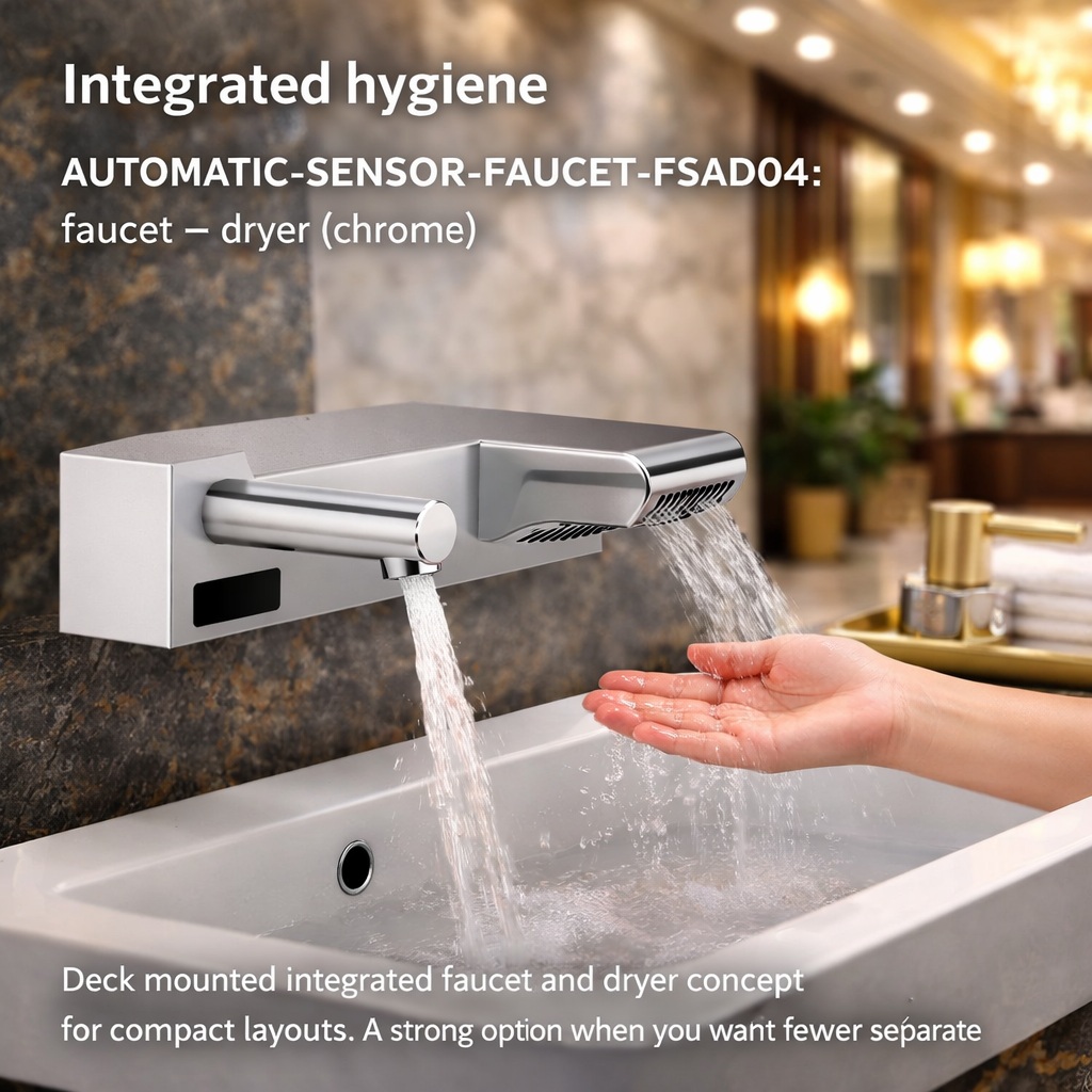 FSAD04 chrome touchless sensor faucet with integrated hand dryer for compact commercial sink layouts